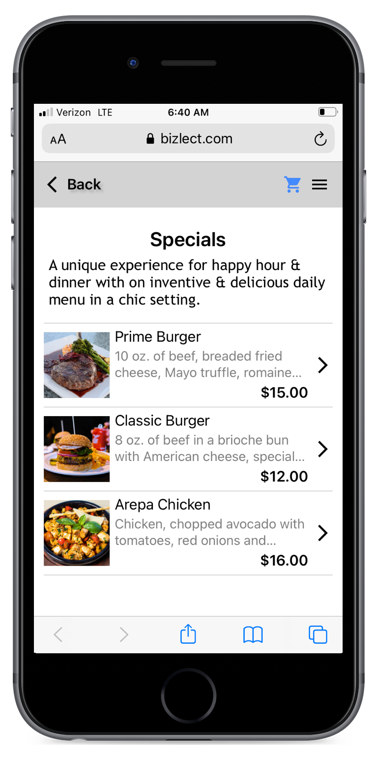 Digital restaurant QR menu section view in a mobile browser